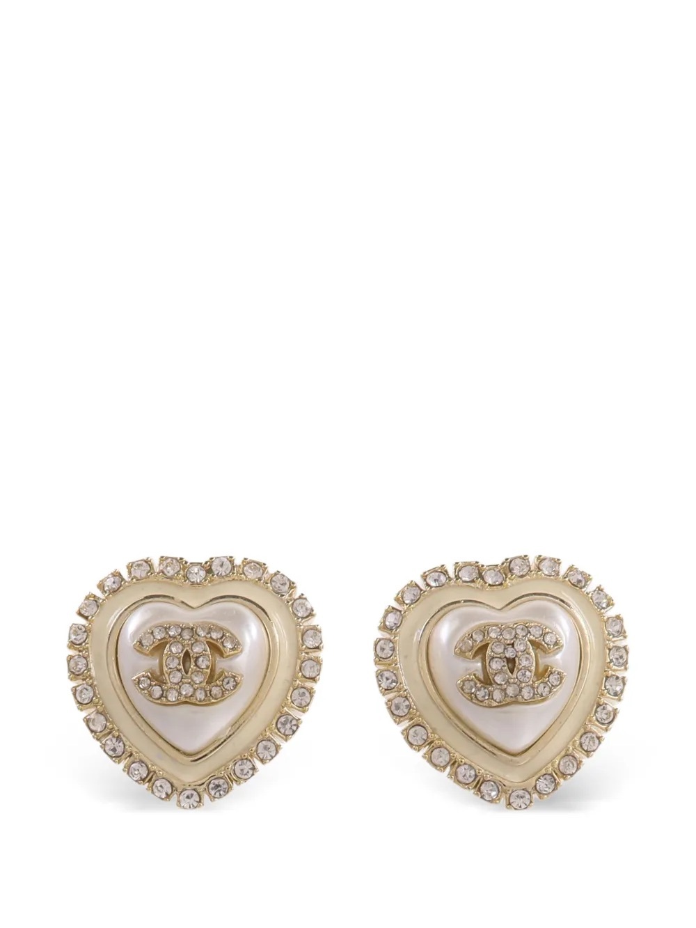 CHANEL Heart Stud Earrings Artificial Pearl Rhinestone Women CC Authentic